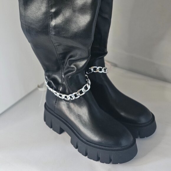 G By Guess Womens Coen Riding Boots Black Stretch Over Knee Platform Chain Sz 7 - Picture 1 of 8